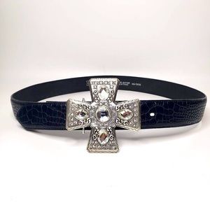 Nocona Belt Co. Croc Embossed Leather Chunky Jeweled Cross Buckle Belt L